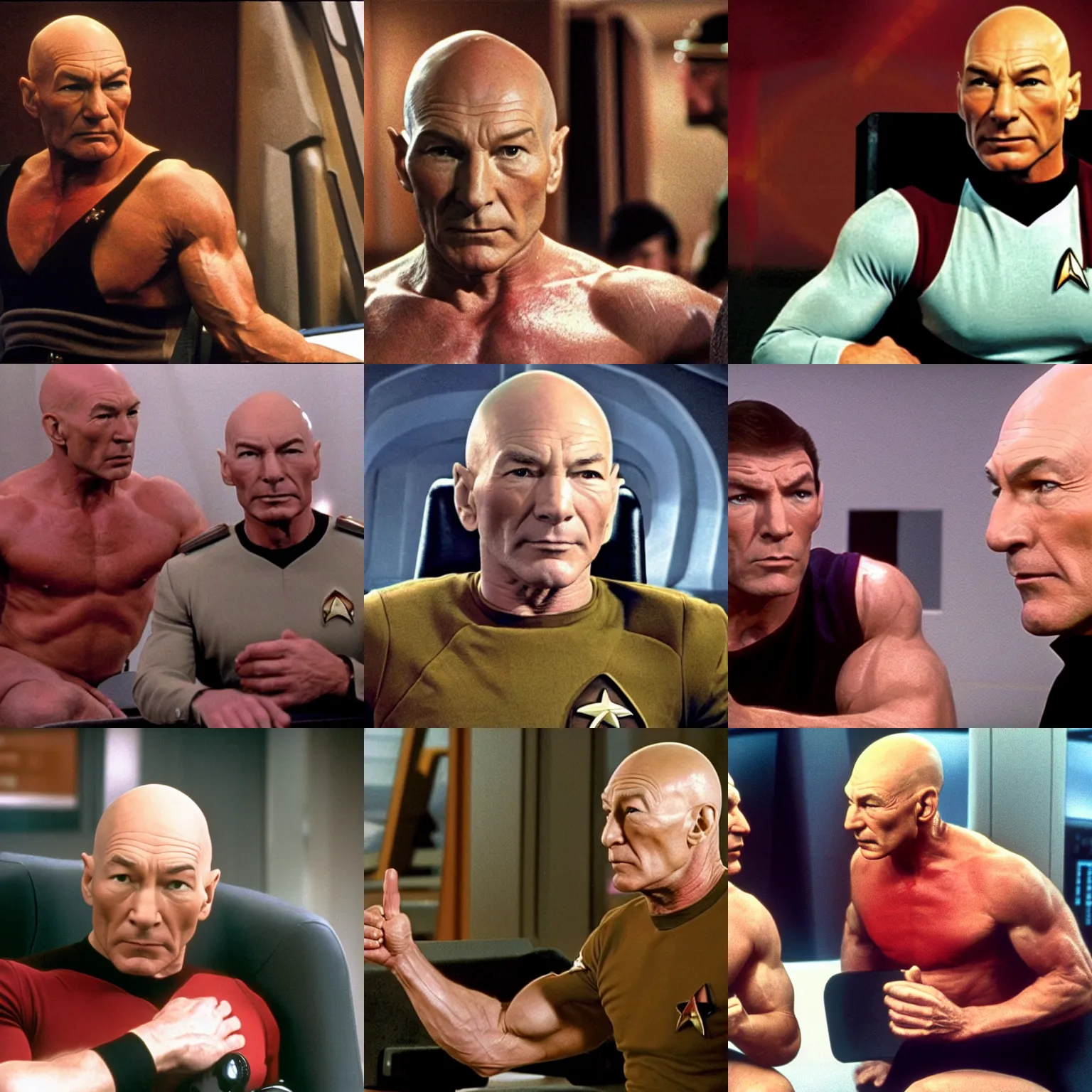 Image similar to strong muscled patrick stewart as jean - luc picard sitting on the captains chair screaming orders, start trek enterprise