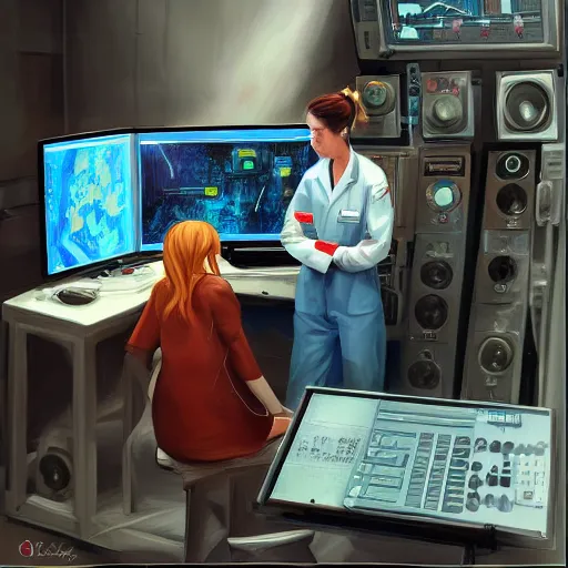 Image similar to a female scientist sitting in the control room,watching the graphics on the panel,oil painting,digital art,trending on artstation