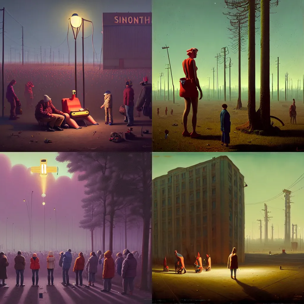 Prompt: a person being shunned by a crowd by simon stalenhag and gil elvgren