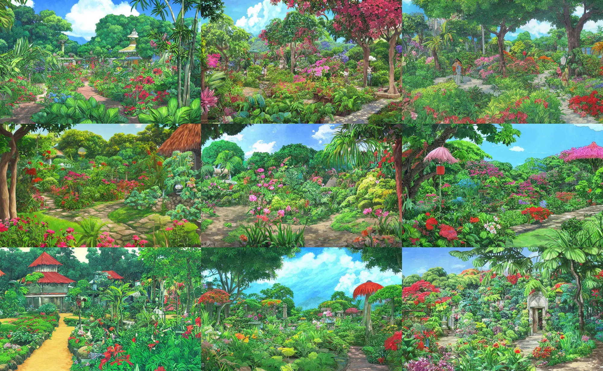 Prompt: a creole garden from reunion island painting by studio ghibli, trending on artstation