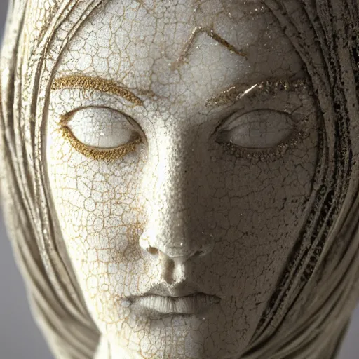 Image similar to a masterpiece marble sculpture of the veiled virgin, subsurface cracks, !dramatic !face, !female, covered in intricate !detailed golden !!streaked veil , physically based rendering, photo realistic, top light , dark background by Dan Hillier