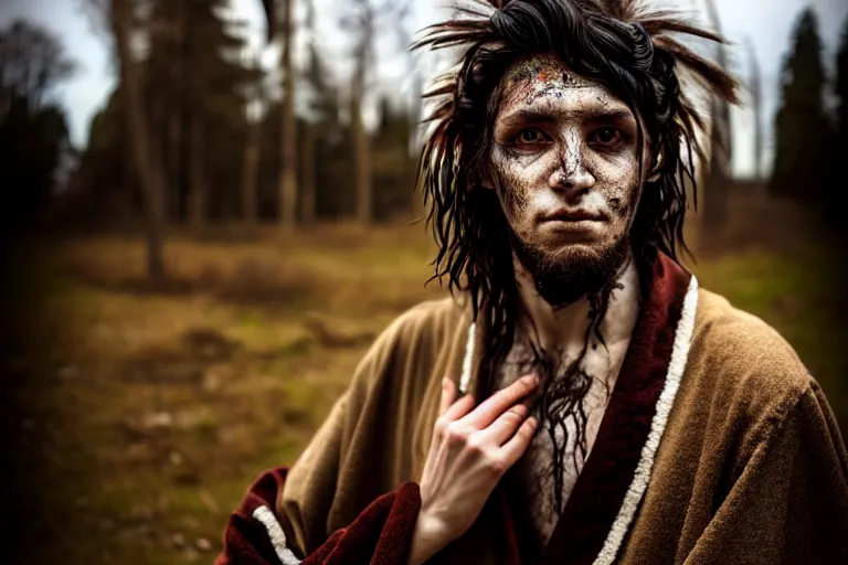 Image similar to character and environment photography, portrait shamanistic infested 2 0 - year - old male druid, messy hair, old tattered robe, medium shot, wide angle, 2 0 0 px, full front, natural light