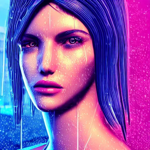 Image similar to stylish cartoon portrait made out of rain, cyberpunk background, rendered in octane, unreal engine, highly detailed, trending on artstation, realistic, splashes of neon, beautiful, handsome, depth of field, glowing eyes