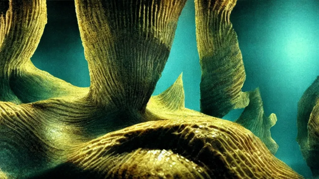 Prompt: the creature swims, water caustics, film still from the movie directed by denis villeneuve and david cronenberg with art direction by salvador dali and dr. seuss