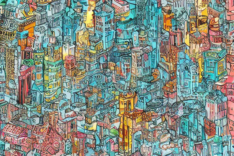 Prompt: an elaborate penned child illustration of a colorful intricate connected city of tubes and pipes, by jan van haasteren