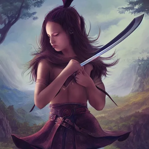 Image similar to digital art of a girl holding a sword fighting a bunny, detailed, beautiful scenery, detailed