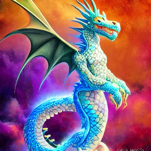 Prompt: a dragon made of opal crystals, breathing rainbow fire over a field of cotton candy grass, in the style of artgerm and ed binkley.