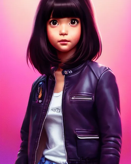 Image similar to real girl dora the explorer wearing leather jacket, fine detail!! anime!! realistic shaded lighting!!, kim hyun joo, digital painting by ilya kuvshinov, magali villeneuve, artgerm, jeremy lipkin and michael garmash and rob rey