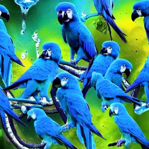 Image similar to blue parrots emerging from fluids mixing, atmospheric liquids, ornate intricate, hyper realistic, 16k, post processing, saturated blue colors, nature background