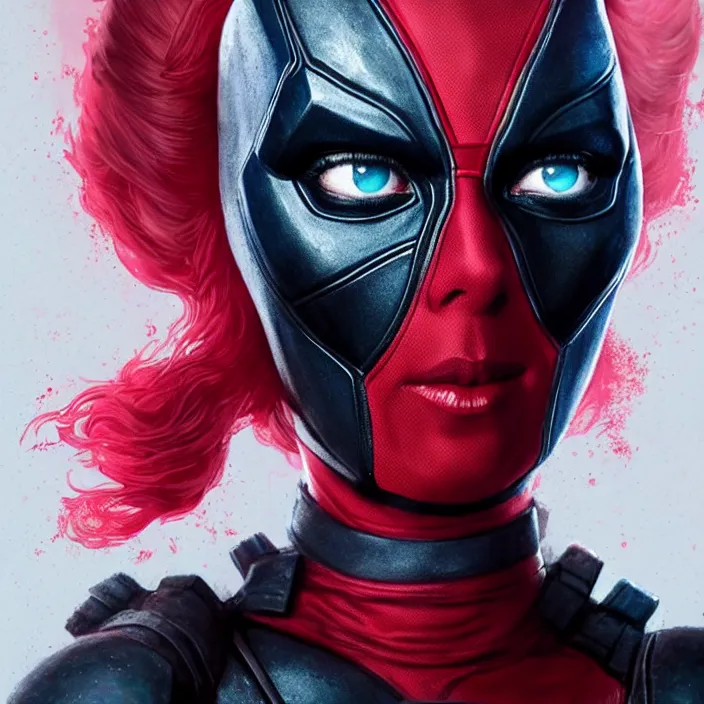 Image similar to charlize theron as lady deadpool. intricate abstract. intricate artwork. by tooth wu, wlop, beeple, dan mumford. octane render, trending on artstation, greg rutkowski very coherent symmetrical artwork. cinematic, hyper realism, high detail, octane render, 8 k, iridescent accents
