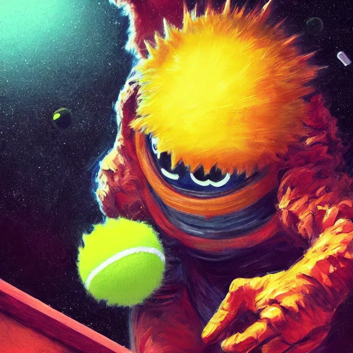 Image similar to cinematic portrait of a cute tennis ball monster in the abyss of space, chalk, masterpiece, trending on artstation, featured on pixiv, cinematic composition, dramatic pose, beautiful lighting, sharp details, hyper-detailed, HD, HDR, 4K, 8K, art by Basil Gogos