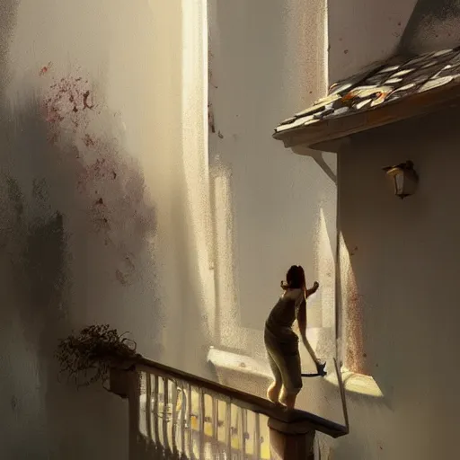 Prompt: two artists painting on a canvas, one paints a beautiful house, the other paints abstract art, by greg rutkowski, matte painting, light study, artstation