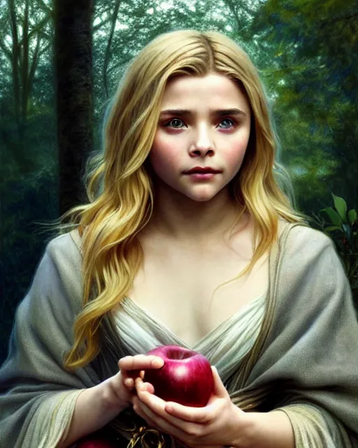 young mage chloe grace moretz holing an apple, blonde | Stable Diffusion