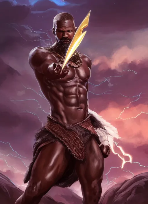 Image similar to a highly detailed illustration of Jamie Foxx as a bearded short fade hair african warrior god of lightning, evil summoning lightning from hands pose, moonlit clouds background, muscular, intricate, elegant, highly detailed, centered, digital painting, artstation, concept art, smooth, sharp focus, league of legends concept art, WLOP