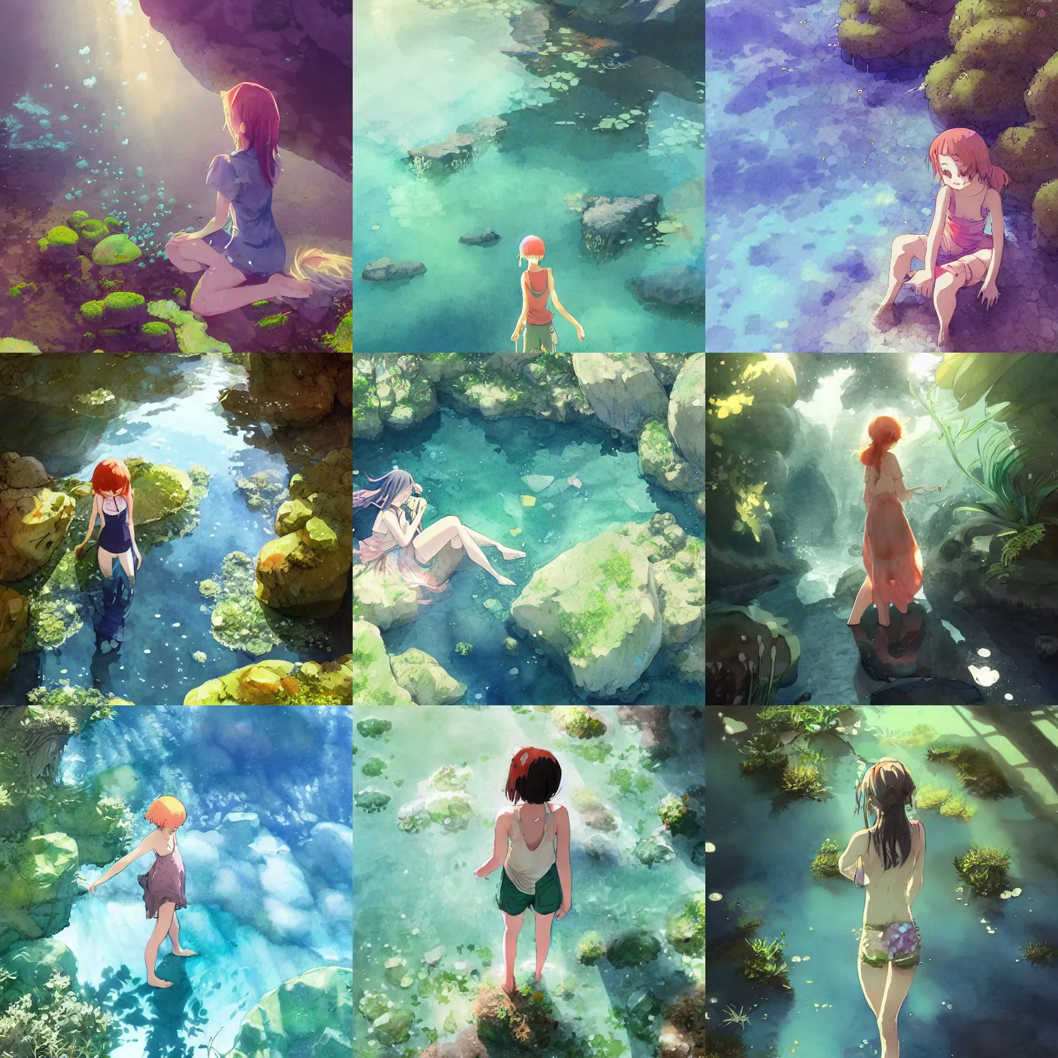 Prompt: girl in crystal clear water wearing everyday clothes, rocks, gravel, underwater plants, moss, digital art, illustration, fun vibrant watercolor, wenjun lin, makoto shinkai, studio ghibli, hidari, pixiv, high angle, sunny lighting, shadows from trees, faceless, reflections