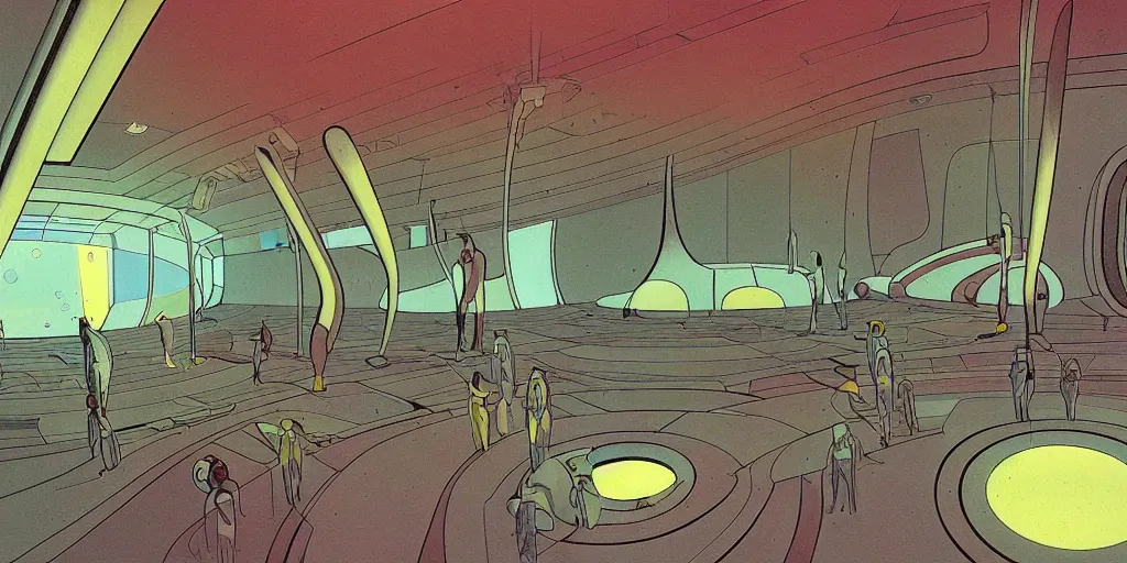 Prompt: a sci-fi illustration, modernist interior, seen from above in FANTASTIC PLANET La planète sauvage animation by René Laloux, line brush