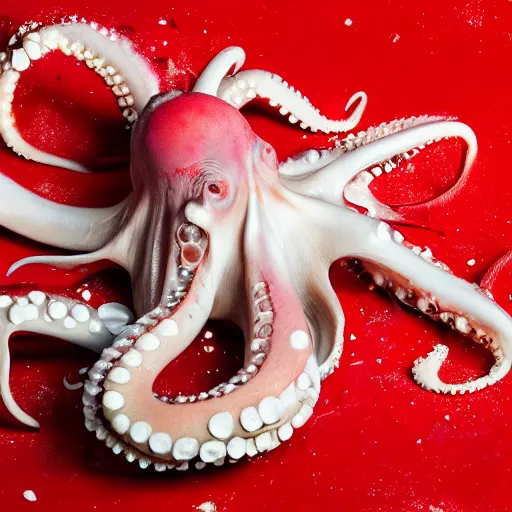 Prompt: a clean studio photography set, there is a bucket of red paint and it has just viciously exploded, there is paint EVERYWHERE, even on the octopus, incredible beautiful ambient light