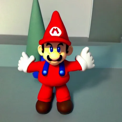 Image similar to claymation mario in a gnome costume, nintendo, mushrooms