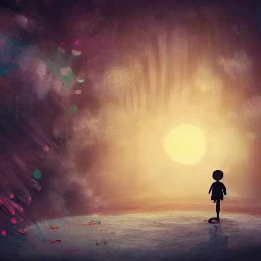 Prompt: a terrified child lost in the center of an ai's enormous dream, digital art