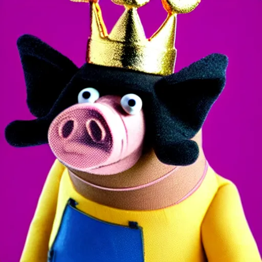 Image similar to a pig wearing a gold crown depicted as a muppet