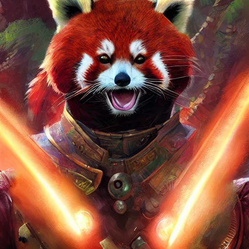 Image similar to red panda as warhammer character, digital illustration portrait design, by android jones and greg rutkowski, retrowave color scheme, detailed, cinematic lighting, wide angle action dynamic portrait