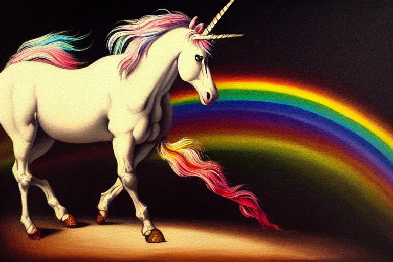 Image similar to detailed traditional painting of a unicorn walking on a rainbow, ((rainbow)) by Caravaggio, authentic, masterpiece, brush strokes, trending on artstation