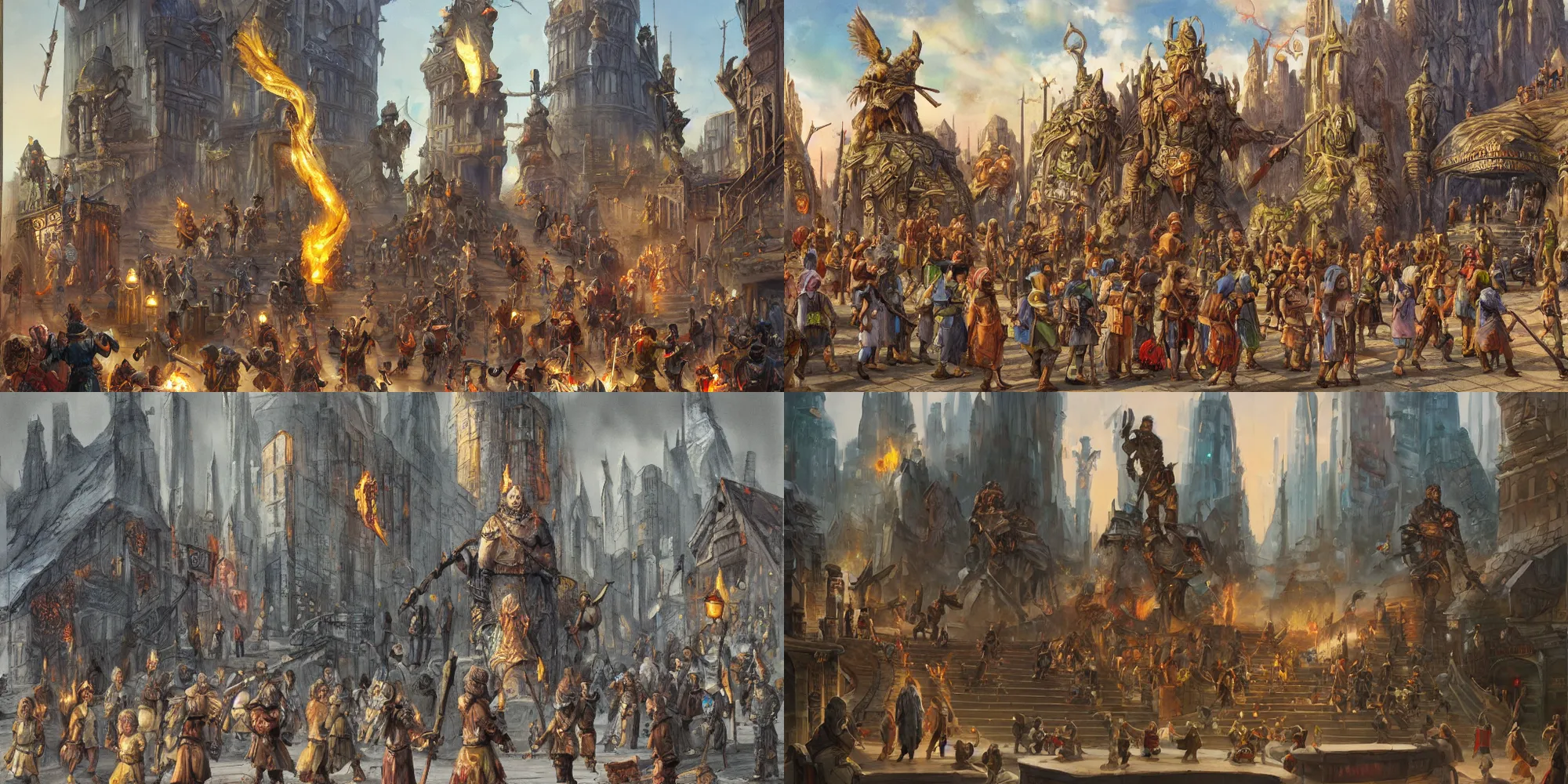 Prompt: Painting of a poor human fantasy city, a few humans and dwarves walking on the streets. Two large stairs leads to a big woman statue with spear and wings and the fire lights on the spear