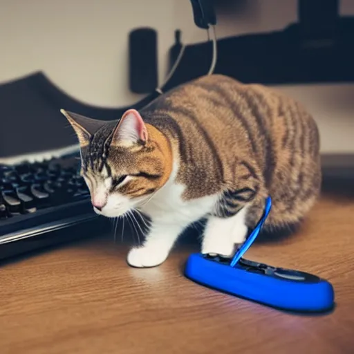 Image similar to a cat playing videogames with paws on a gaming keyboard and wearing a headset, photorealistic, instagram post 4k, highly detailed