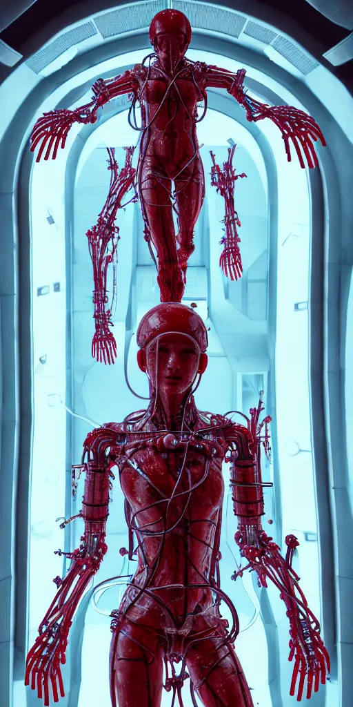 Prompt: high detailed space station interior a statue jesus on cross made of red marble, perfect symmetrical body, full body shot, inflateble shapes, wires, tubes, veins, jellyfish, white biomechanical details, wearing epic bionic cyborg implants, masterpiece, intricate, biopunk, vogue, highly detailed, artstation, concept art, cyberpunk, octane render