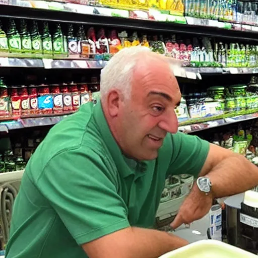 Image similar to mid white hair old man with green shirt and white short, sitting in simpson supermarket with kevin o'leary