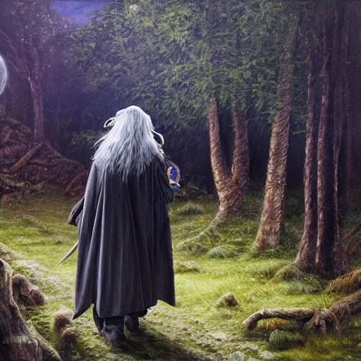 Prompt: Gandalf travelling trough the forest with a raven, oil painting, very detailed