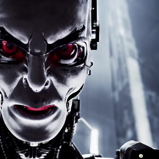 Prompt: movie still of a villain cyborg, facial expression, cinematic composition, cinematic light, by edgar allan poe and hp lovecraft,