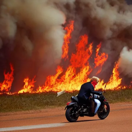 Prompt: Donald trump in a fire-y landscape, riding a motorbike without the helmet on