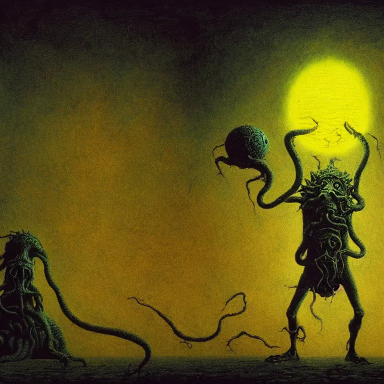 Image similar to a cinematic scene tennis ball monster from the cthulhu in nevada test side, lovecraft, concept art by beksinski and jean delville, dramatic lighting, ultra hd, hdr, 8 k