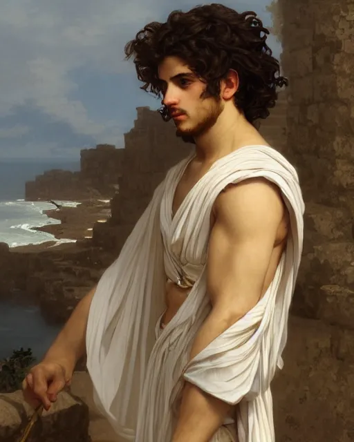 Image similar to young greek man, long curly hair, elegant ancient greek dress, very detailed, coast as the background, beautiful, intricate, cinematic, artstation, william bouguereau, alphonse mucha, greg rutkowski, rossdraws, octane render