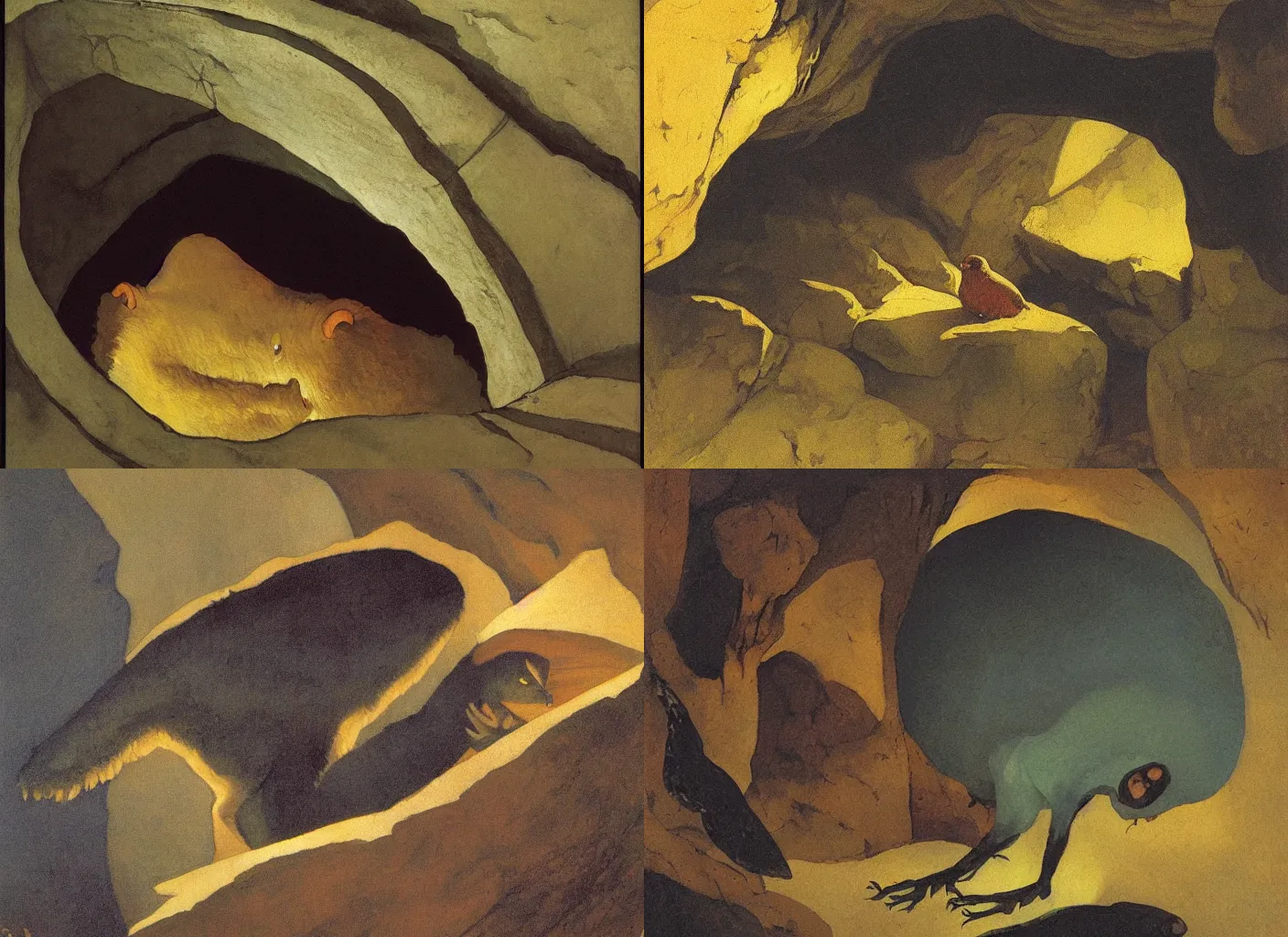 Prompt: small monster bird rolled up for sleep in a dark cave, N. C. Wyeth ,