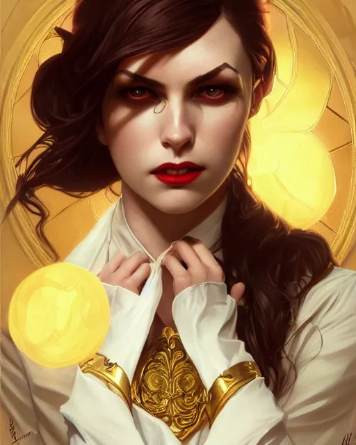 Prompt: female vampire, perfect face, gold waistcoat, red necktie, cinematic, stunning, highly detailed, digital painting, artstation, smooth, hard focus, illustration, art by artgerm and greg rutkowski and alphonse mucha