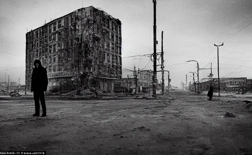 Prompt: In a city of Norilsk on the Moon, a Mysterious man is standing in the middle of a street photo by Trent Parke, bright lights, a city on the Moon