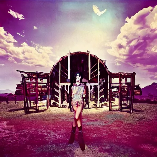 Prompt: dilapidated coachella with Kylie Jenner as a Mastodon Album Art cover