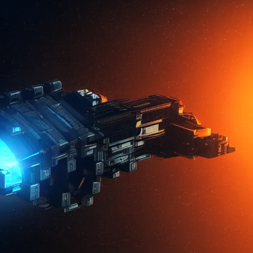 Image similar to spaceship transporting cargo containers, black background, eve online, the expanse, long shot, gritty, industrial