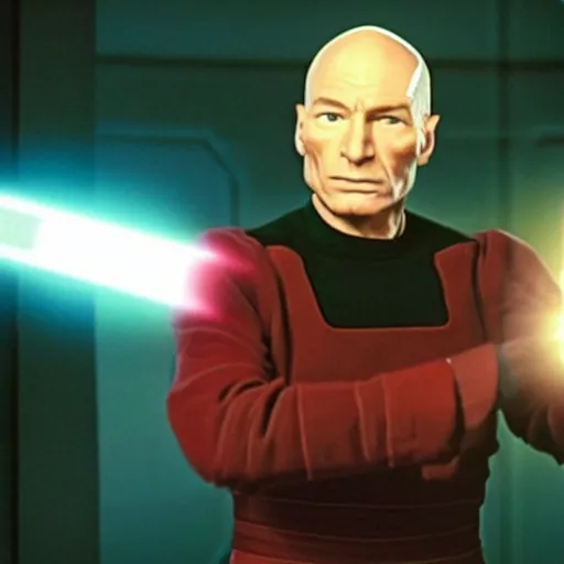 Prompt: screengrab of Captain Picard wielding a lightsaber