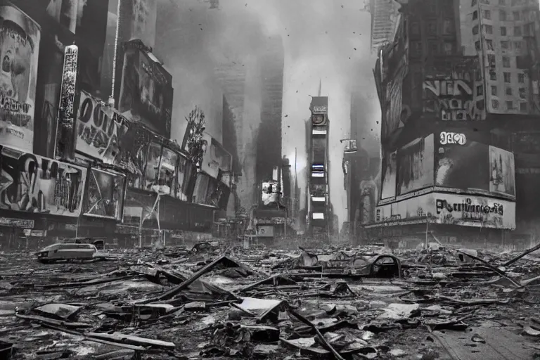 Image similar to photo of an destroyed times square after a nuclear attack, thunderstorm, desolate, 8 k, uhd, artstation, award winning