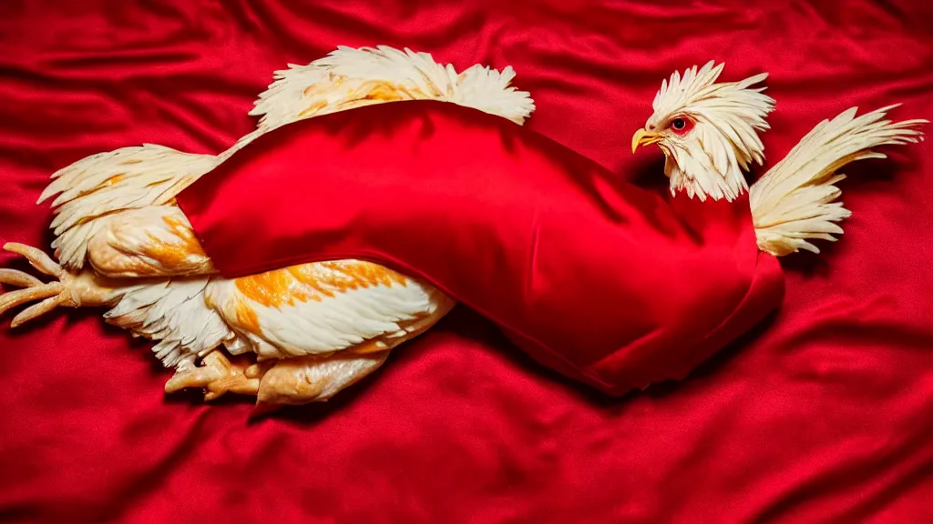 Image similar to A Extremely Stunning Detailed Full body picture of a singular isolated Chicken, lays down across the bed horizontally wearing a red dress while laying on a red Satin bed looking directly at you. 85mm, award winning