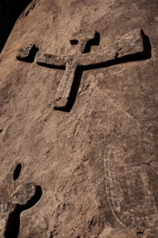 Image similar to 4 k photography of petroglyphs representing crosses, ufo, wifi symbol on a cave