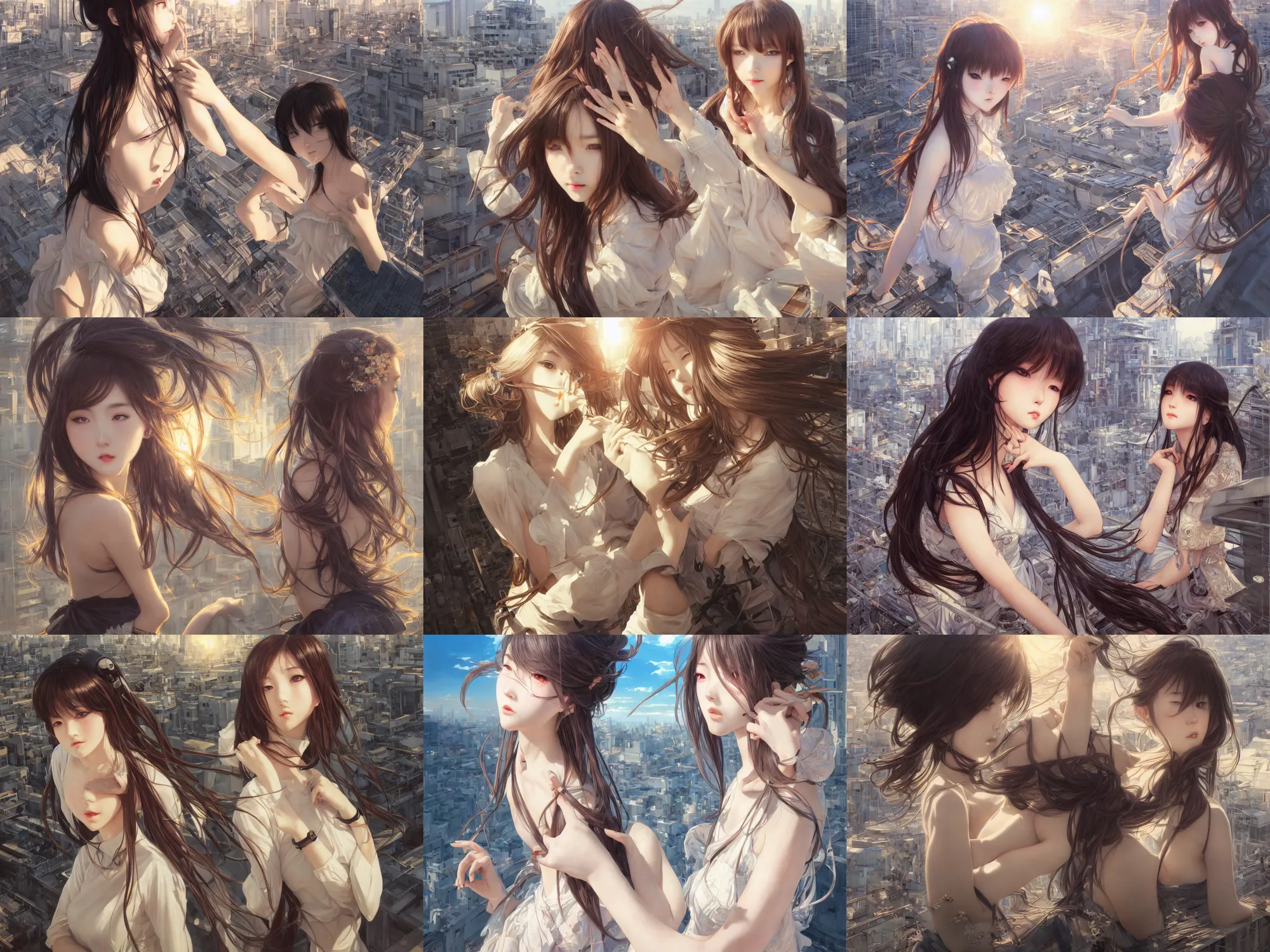 Prompt: ultra realistic beautiful tokyo rooftop techno art, beautiful alluring anime schoolgirl, gorgeous face and figure, sci - fi, intricate, elegant, highly detailed, digital painting, artstation, concept art, smooth, sharp focus, illustration, beautiful sunlight and shadows, art by tian zi and yuxiang chen and alphonse mucha and gaston bussiere