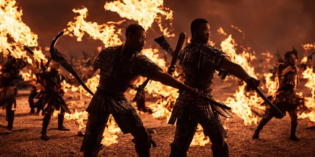 Image similar to a film still of a black man starring in a japanese blockbuster film as ancient evil samurai with fire powers, shallow depth of field, cinematic, award winning cgi, vfx, film still