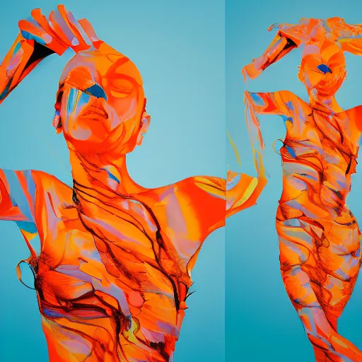 Image similar to beautiful model girl body art fabric skin turns into dress creasing plastic bag folds heavy brushstrokes style of jonathan zawada, thisset colours simple background gradient objective light orange and blue amber colours