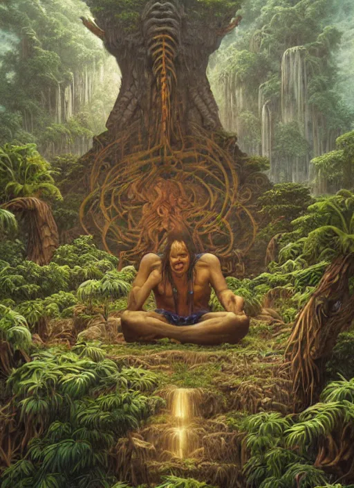 Prompt: a shaman sitting in the jungle, with giant faces of ancestors behind him, hyper detailed, art by christophe vacher