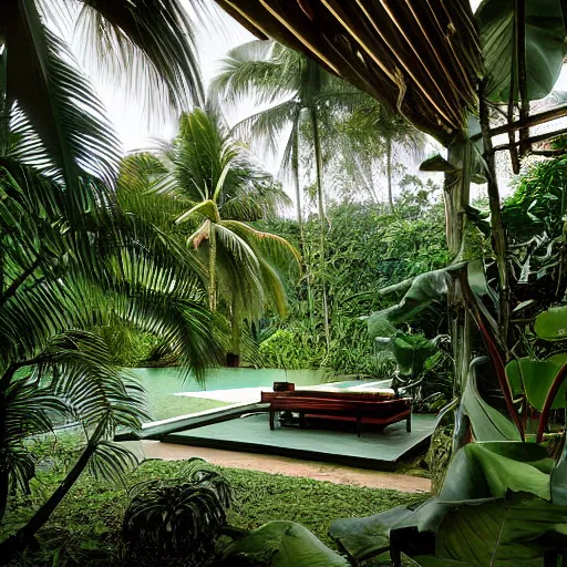 Prompt: A tropical modern villa in the jungles of goa, near a lotus pond, photograph by Harry Gruyaert, shot on large format film camera, natural light,