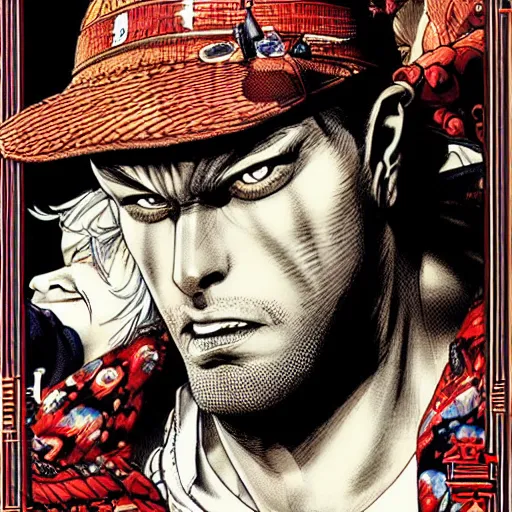 Image similar to portrait closeup of crazy terry bogard, symmetrical, cinematic colors, by yoichi hatakenaka, masamune shirow, josan gonzales and dan mumford, ayami kojima, takato yamamoto, barclay shaw, karol bak, yukito kishiro